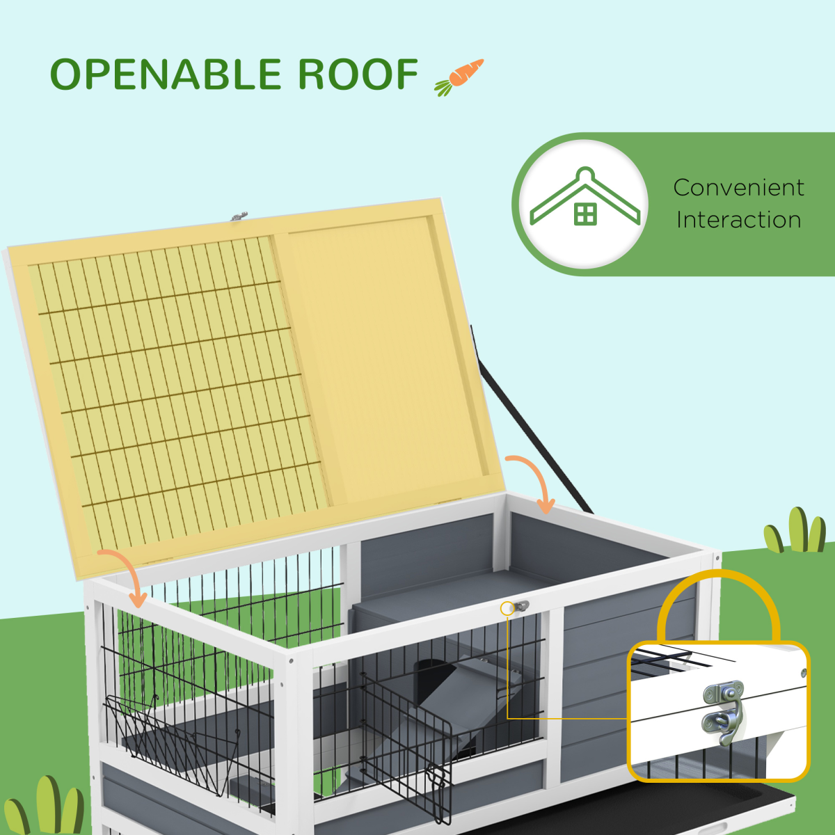 PawHut Two-Tier Indoor Rabbit Hutch with Feeding Trough, Slide-Out Trays and Wheels – White and Grey