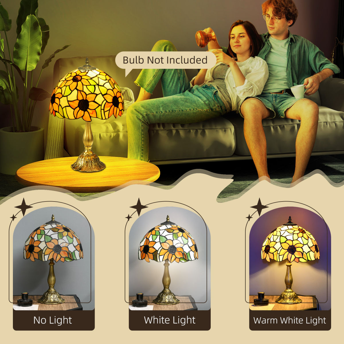 HOMCOM Antique Stained Glass Table Lamp with E27 Fitting – Sunflower Bedside Lamp for Bedroom, Multi-Coloured