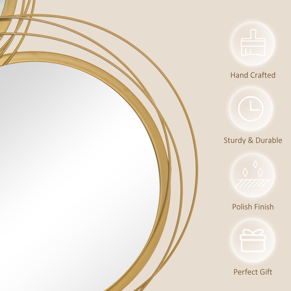 Decorative Round Wall Mirror with Gold Metal Frame, 107cm – Oxidation-Resistant Glass, Living Room & Bedroom