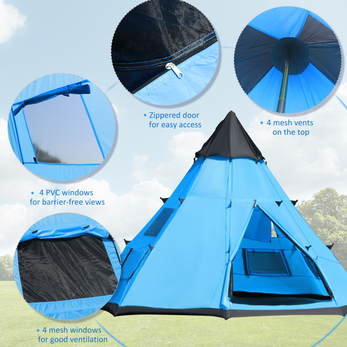 Outsunny 6-7 Person Large Tipi Family Camping Tent with Mesh Windows & Carry Bag – Festival and Party Tent
