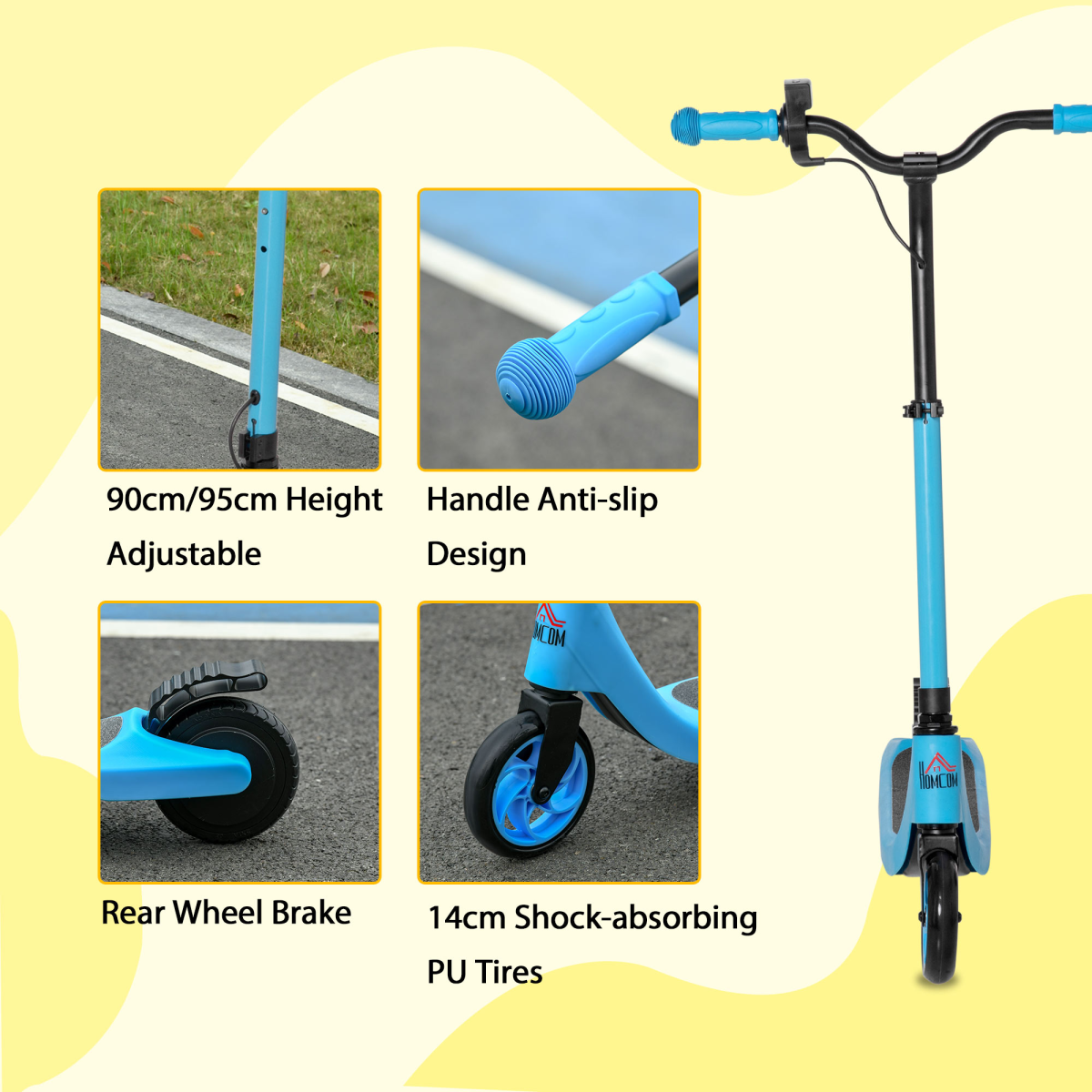 HOMCOM 120W Kids Electric Scooter with Battery Level Display & Rear Brake – Adjustable Height, Ages 6+, Blue