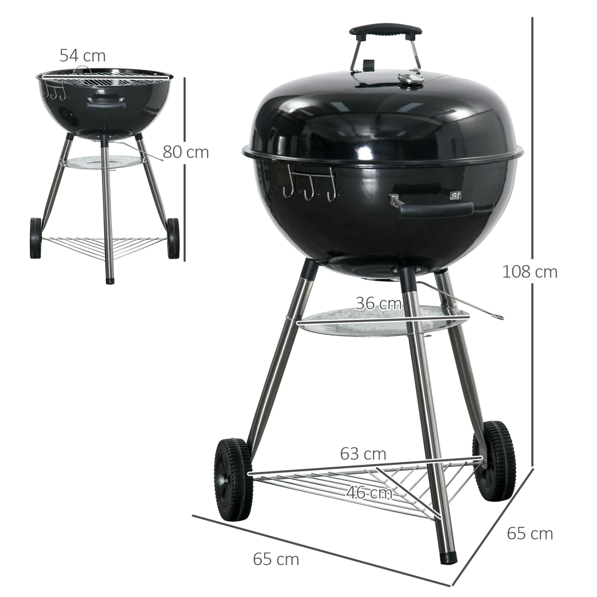 Outsunny Portable Kettle Charcoal BBQ Grill & Smoker with Lid, Thermometer, Wheels & Cover – Black