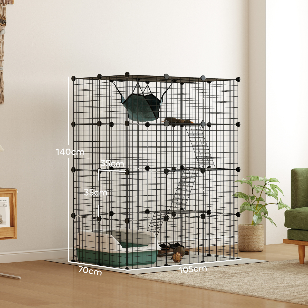 PawHut Customisable Cat Playhouse with Four Tiers, Ramps & Hammock – DIY Cat Enclosure for Up to Three Cats, Black