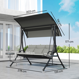 Outsunny 3-Seater Garden Swing Chair with Adjustable Canopy & Glass Coffee Tables – Steel Frame, Dark Grey