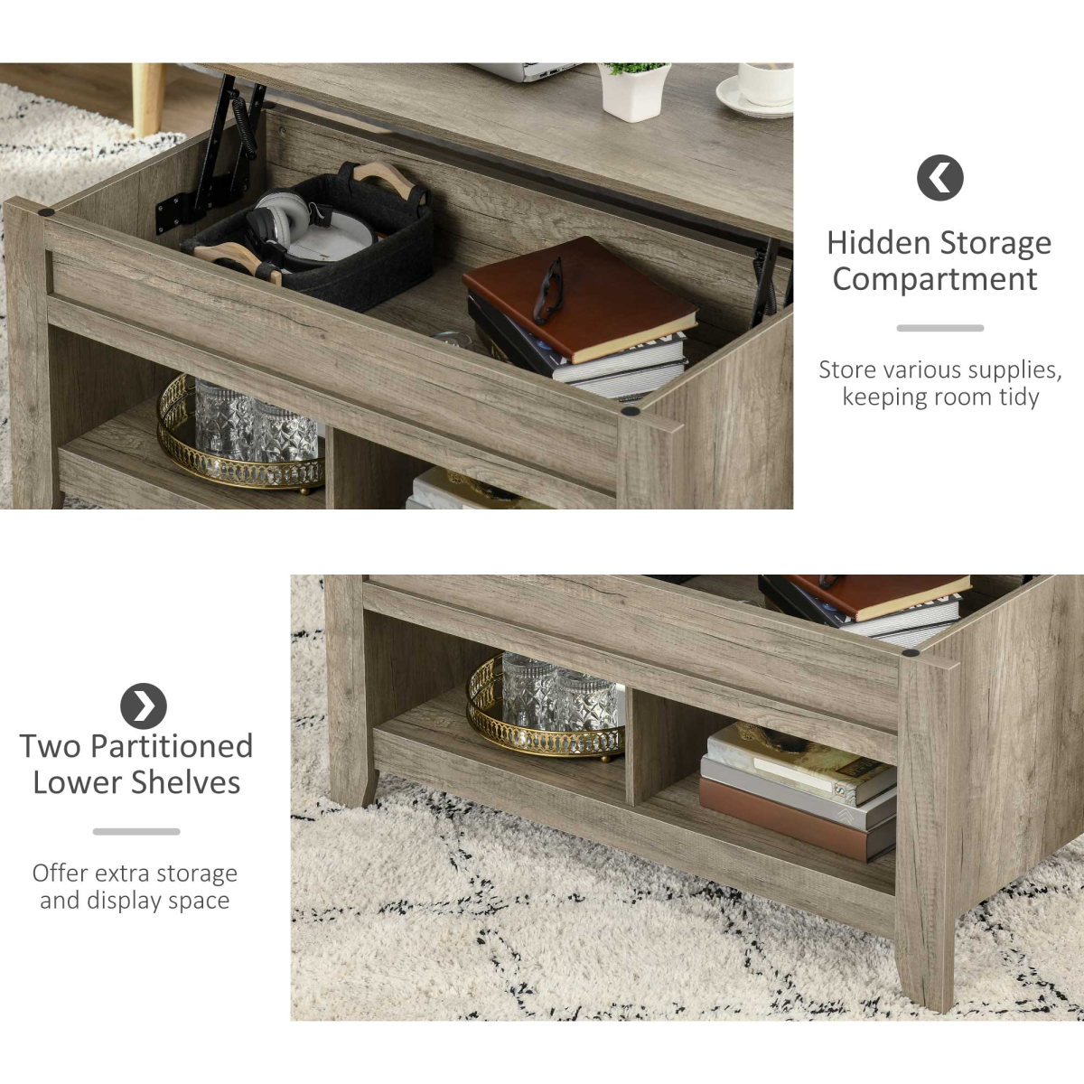 HOMCOM Lift-Top Coffee Table with Hidden Storage & Open Shelves – Sofa Dining and Laptop Table, Oak