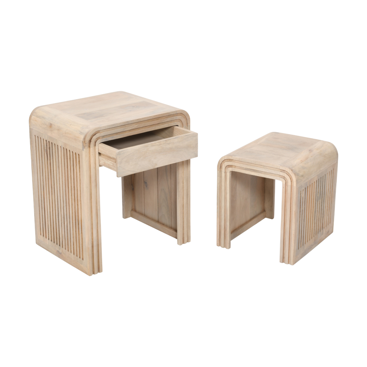 Hudson Carved Mango Wood Nest of 2 Tables with Drawer – Hand-Crafted Space-Saving Side Tables