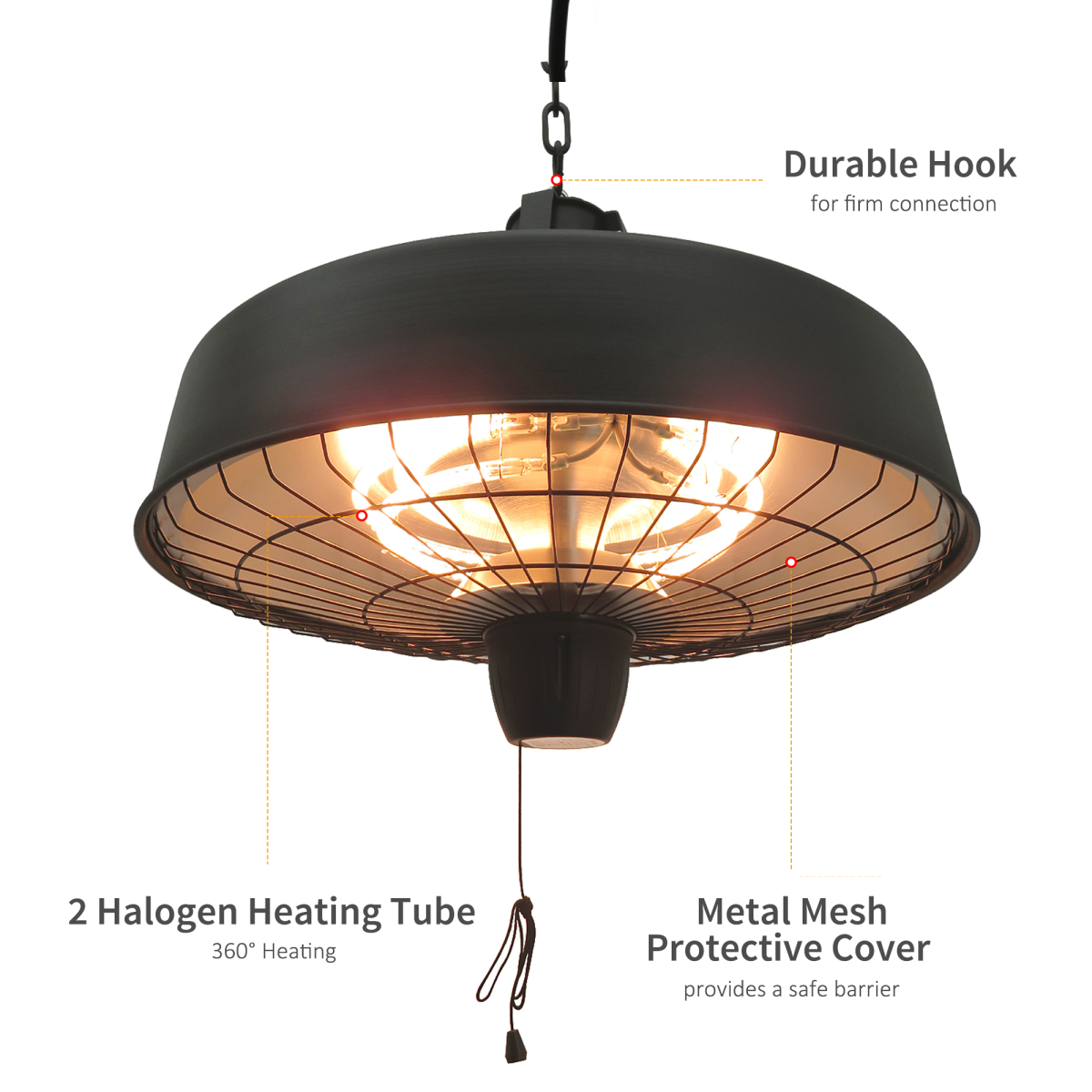 HOMCOM Hanging Halogen Infrared Patio Heater, 1000W/2500W with Chains – Gazebo & Pergola Heater, Black
