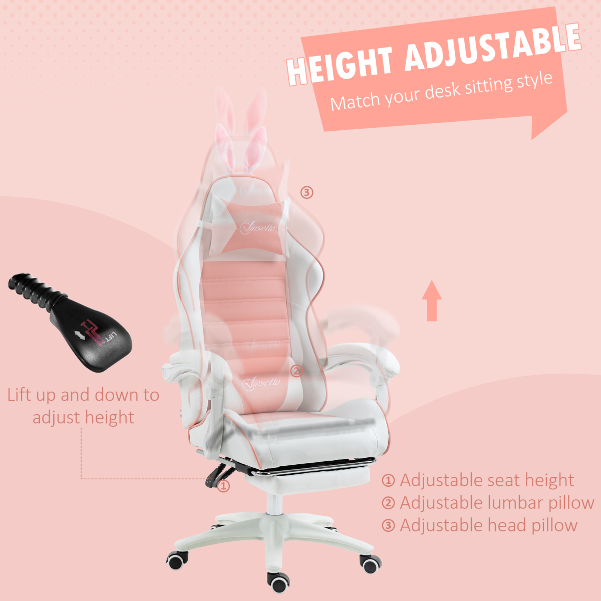 Vinsetto Pink Gaming Chair with Removable Bunny Ears, Retractable Footrest & Reclining Backrest
