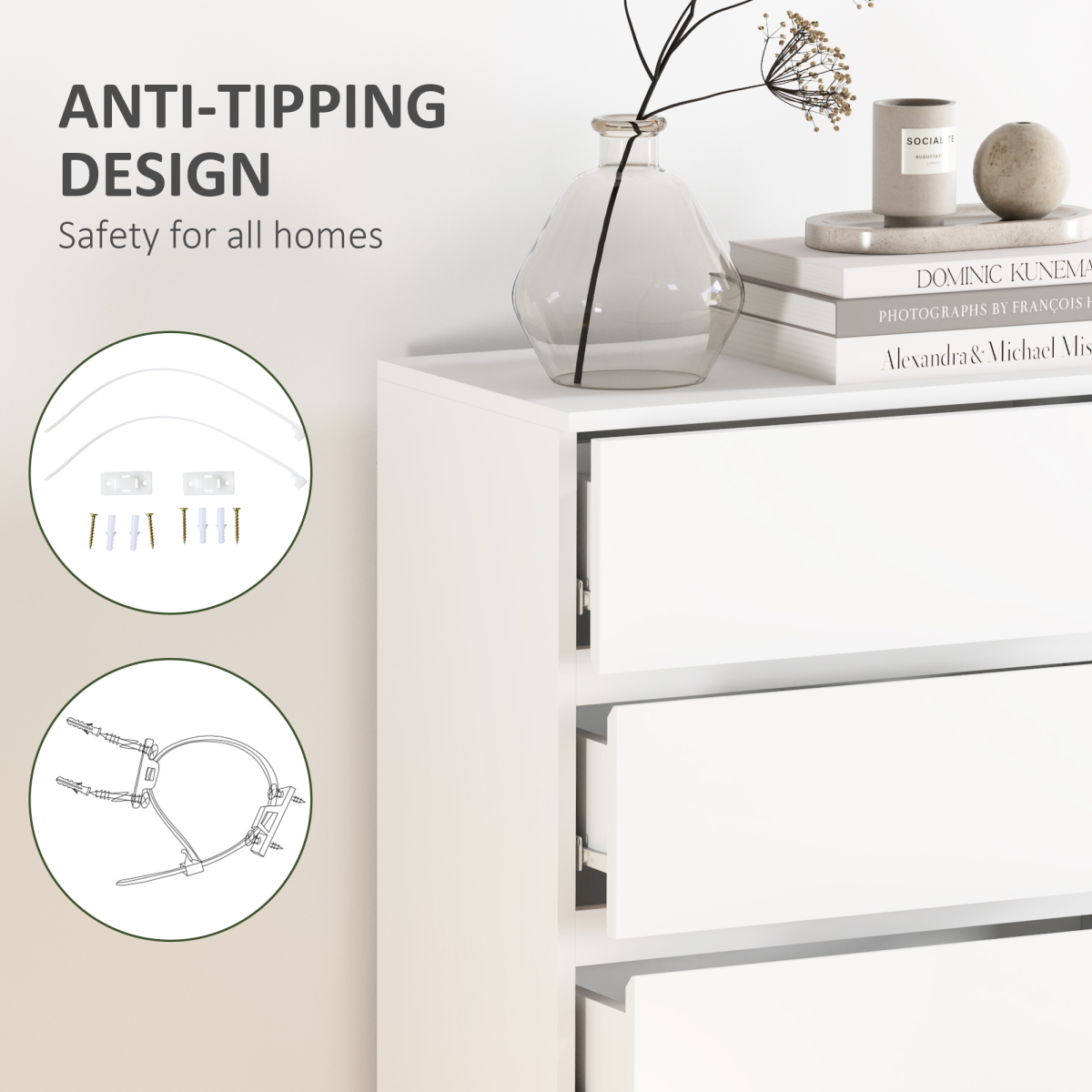 HOMCOM 5 Drawer Bedroom Chest of Drawers with Smooth Metal Runners – Tall Storage Unit, White