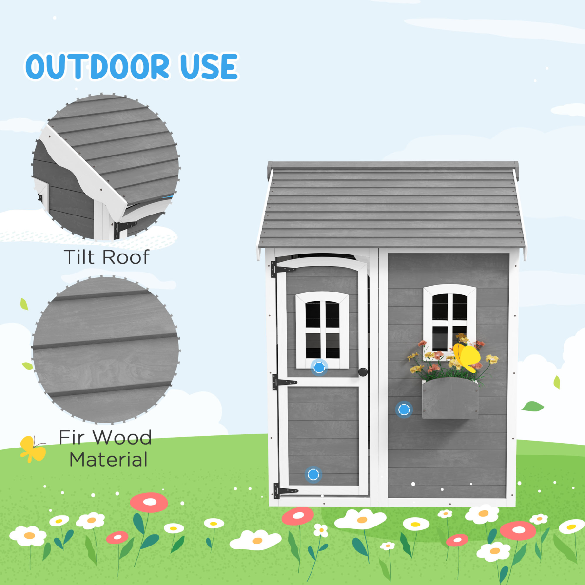 Outsunny Wooden Wendy House for Kids with Floor, Windows & Plant Box – Garden Playhouse, Grey