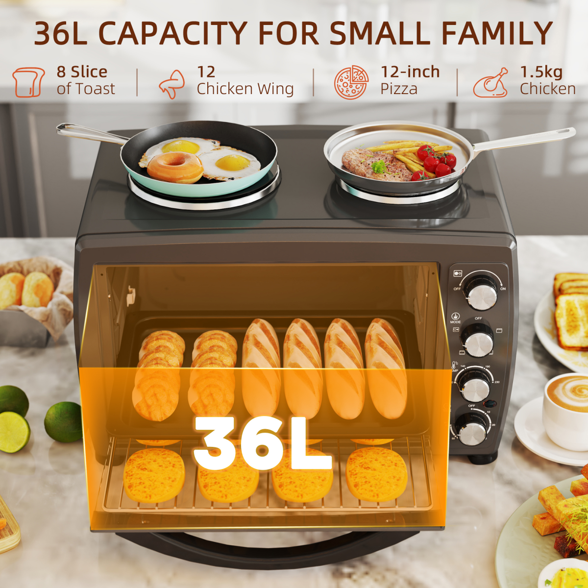 HOMCOM 36L Countertop Toaster Oven with 2 Hot Plates – Grill, Roast & Bake, Mini Kitchen Cooker