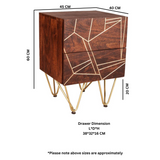 Indian Hub 2 Drawer Side Table with Dark Gold Metal Inlay – Solid Wood Bedside & Sofa Storage