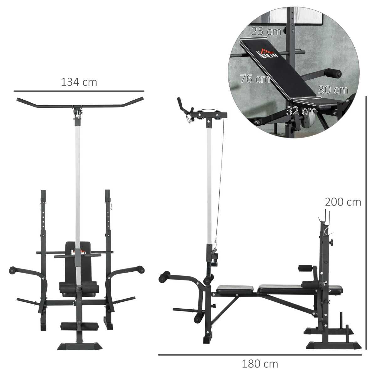 HOMCOM Adjustable Weight Bench with Barbell Rack & Lat Pulldown – Multifunction Full Body Home Gym Bench