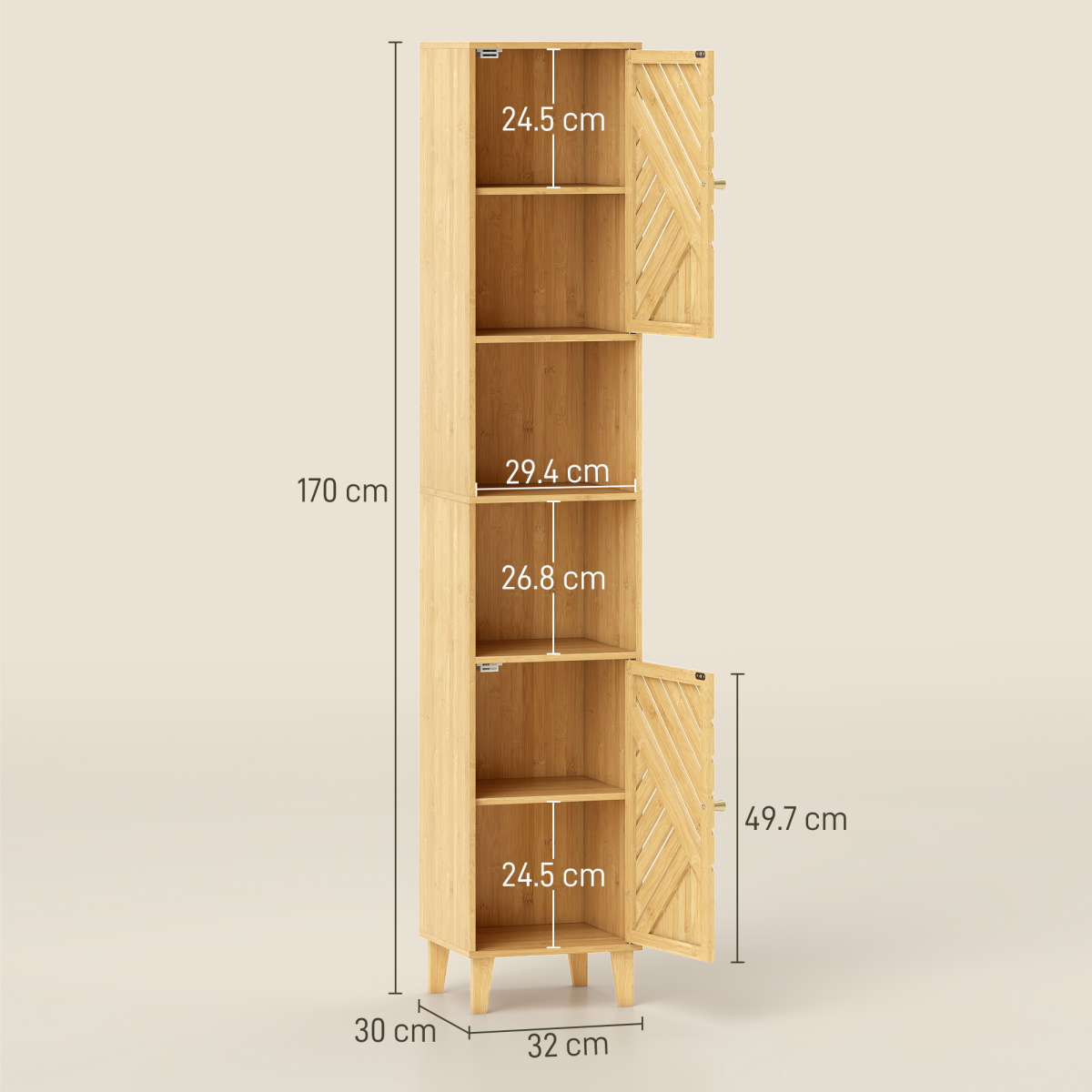 HOMCOM Tall Slim Bathroom Cabinet with Bamboo Doors, Open Compartments & Adjustable Shelves – Storage, Natural