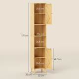 HOMCOM Tall Slim Bathroom Cabinet with Bamboo Doors, Open Compartments & Adjustable Shelves – Storage, Natural