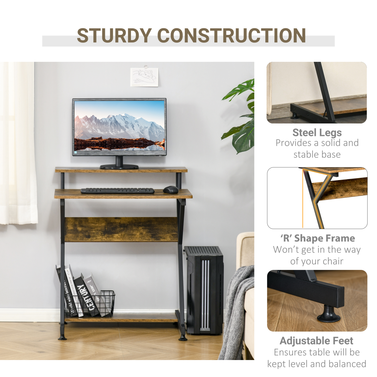 HOMCOM R-Shaped Computer Desk with Monitor Shelf and Storage Shelf, Metal Frame – Brown