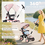 6-in-1 Kids Trike with Adjustable Backrest & Rotating Seat – Foldable Push Tricycle, 12-60 Months, Pink