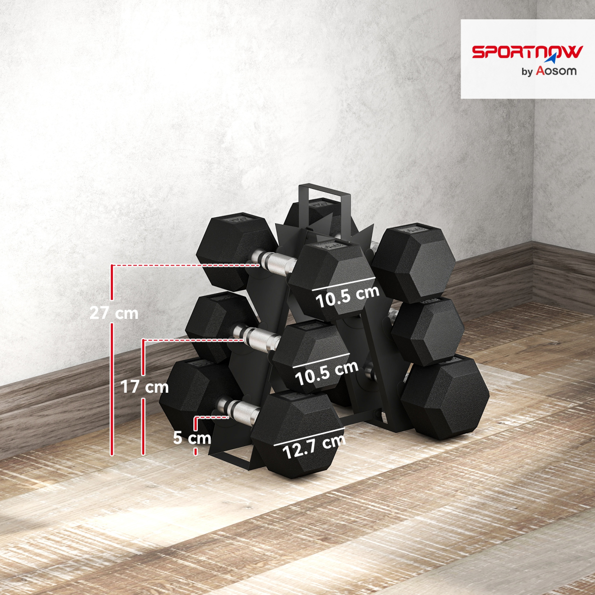 Dumbbell Set with Storage Rack, 36kg Total (2 x 4kg, 2 x 6kg, 2 x 8kg) – Rubber-Coated Cast Iron Weights, Black