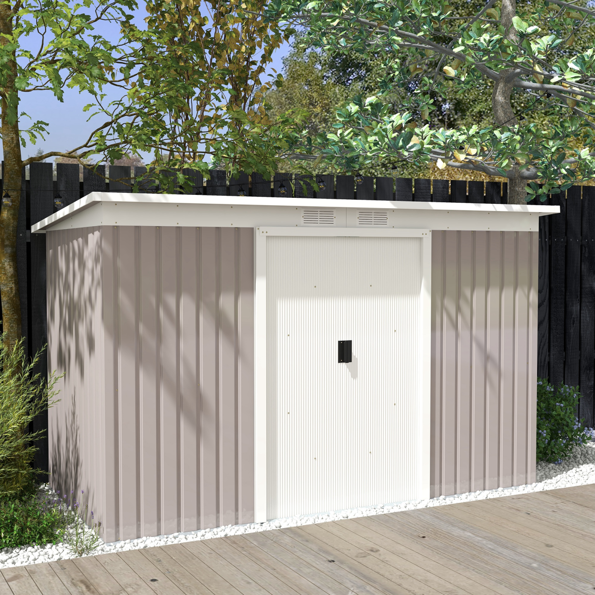 Metal Garden Shed with Sliding Lockable Double Doors, 2 Vents & Foundation Kit – 280 x 130cm, Light Grey