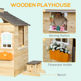 Outsunny Wooden Kids Playhouse with Door, Windows, Bench & Flowerpot Holders – Outdoor Wendy House, Ages 3-7