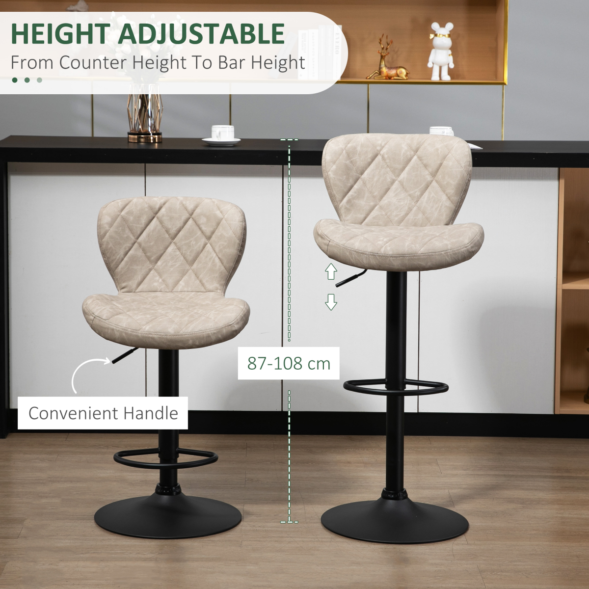 HOMCOM Set of 2 Swivel Bar Stools with Backrest and Footrest – Adjustable Height, Diamond Pattern PU, Khaki