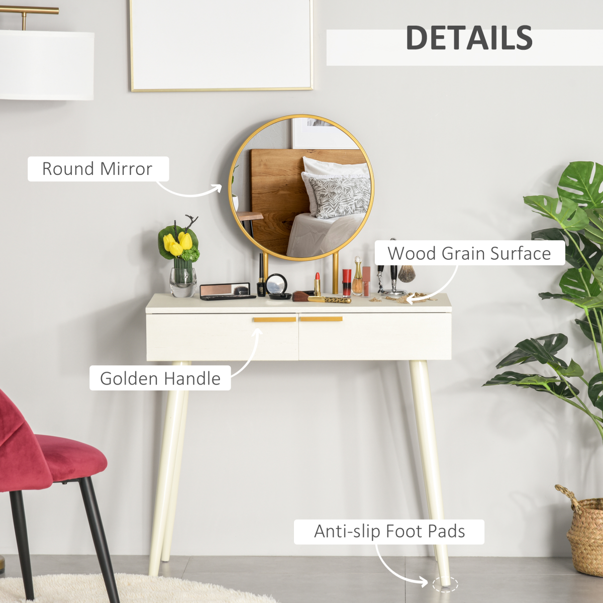 HOMCOM Modern Dressing Table with 2 Drawers and Round Mirror – Particle Board Bedroom Vanity, White