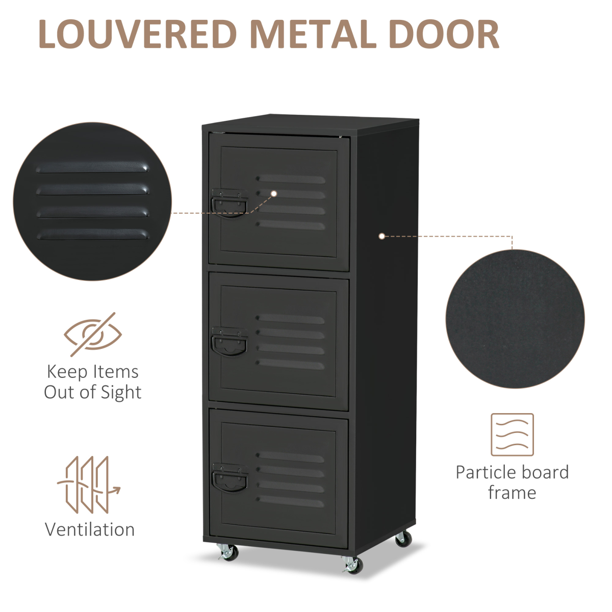 Rolling Storage Cabinet with 3 Compartments, Metal Doors and Wheels – Industrial Mobile File Cabinet, Black
