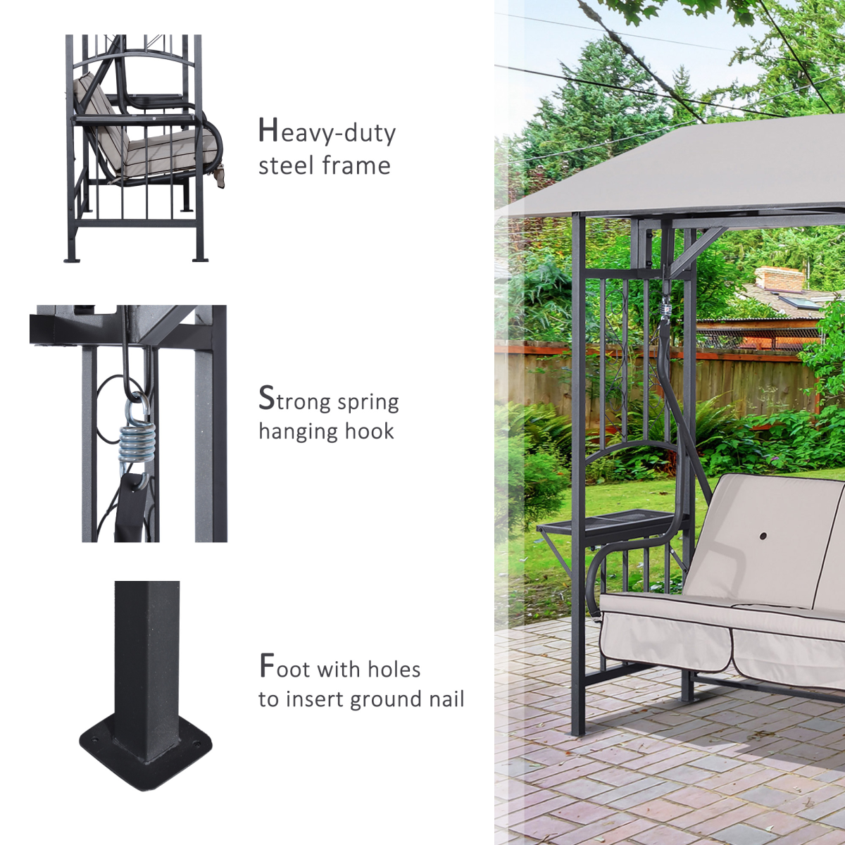 Outsunny 2-Seater Canopy Swing Chair with Side Tables & Cushions – 2-in-1 Garden Gazebo Swing, Steel Frame
