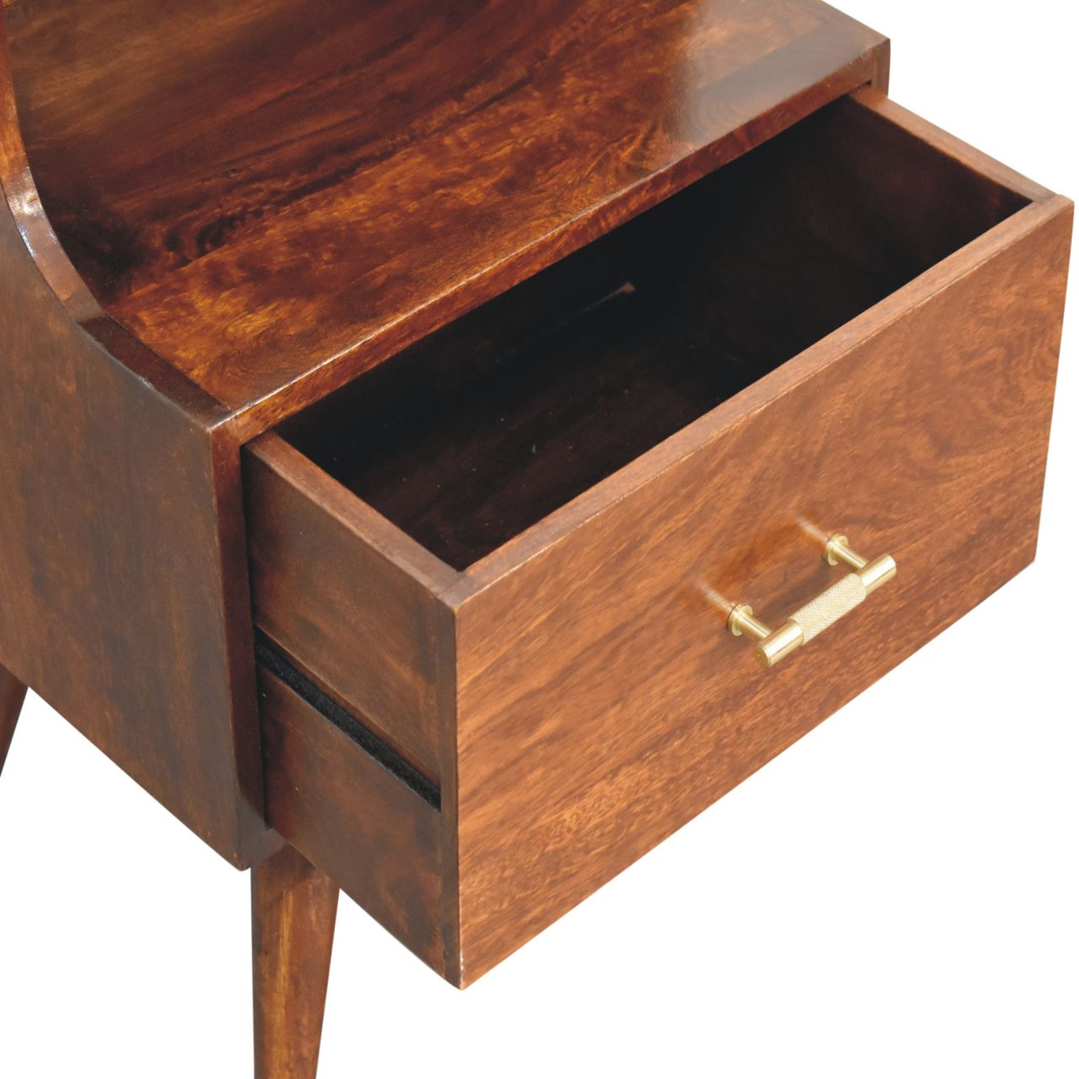 Artisan Furniture Solid Wood T-Bar Raised Back Bedside Table with 1 Drawer & Open Slot – Dark Brown