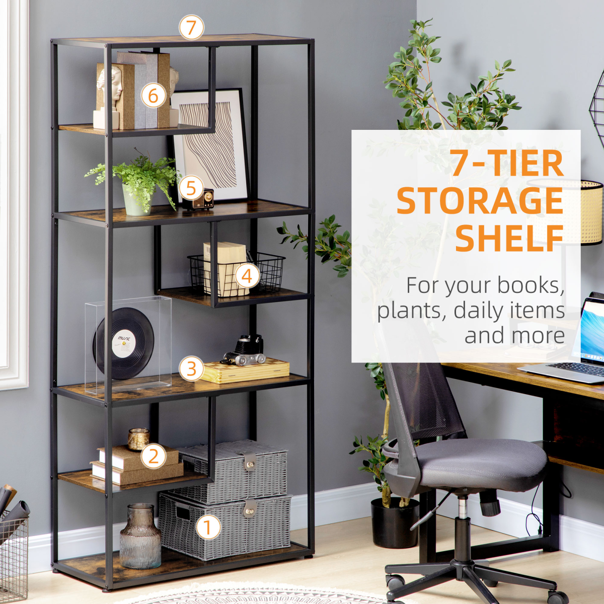 HOMCOM 7-Tier Industrial Bookshelf with Steel Frame and Anti-Tipping Straps – Free Standing Study Storage