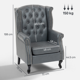 HOMCOM Chesterfield-Style Wingback Armchair with Tufted Faux Leather Upholstery & Eucalyptus Wood Frame – Grey