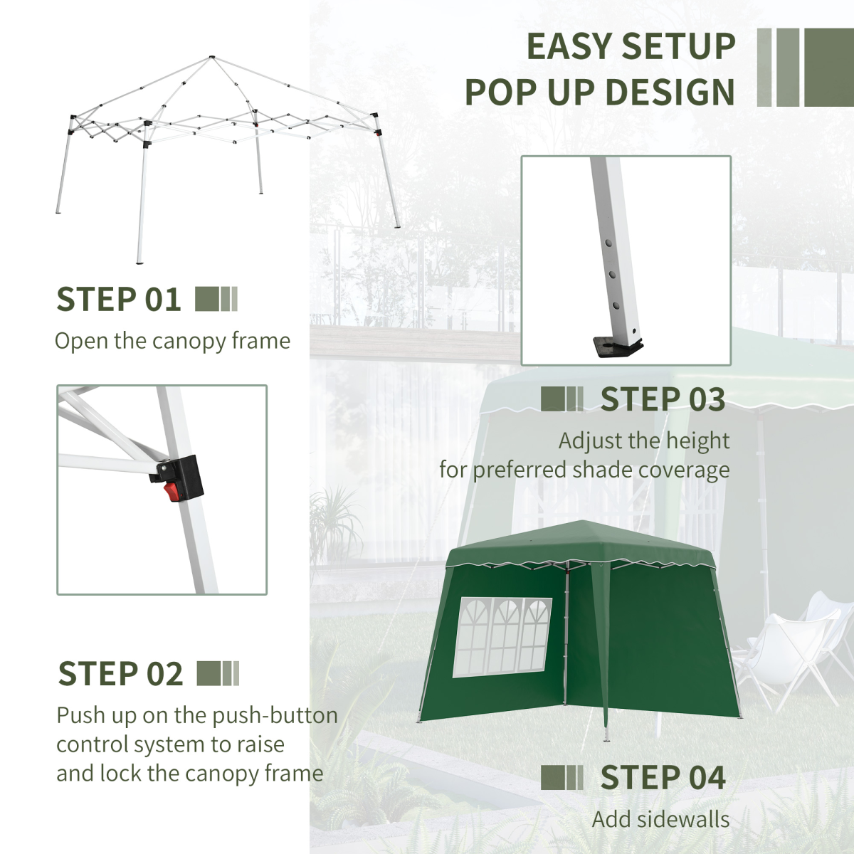Outsunny 2.4 x 2.4m UV50+ Pop Up Gazebo with Removable Walls, Adjustable Legs & Carry Bag – Garden Canopy Tent, Green