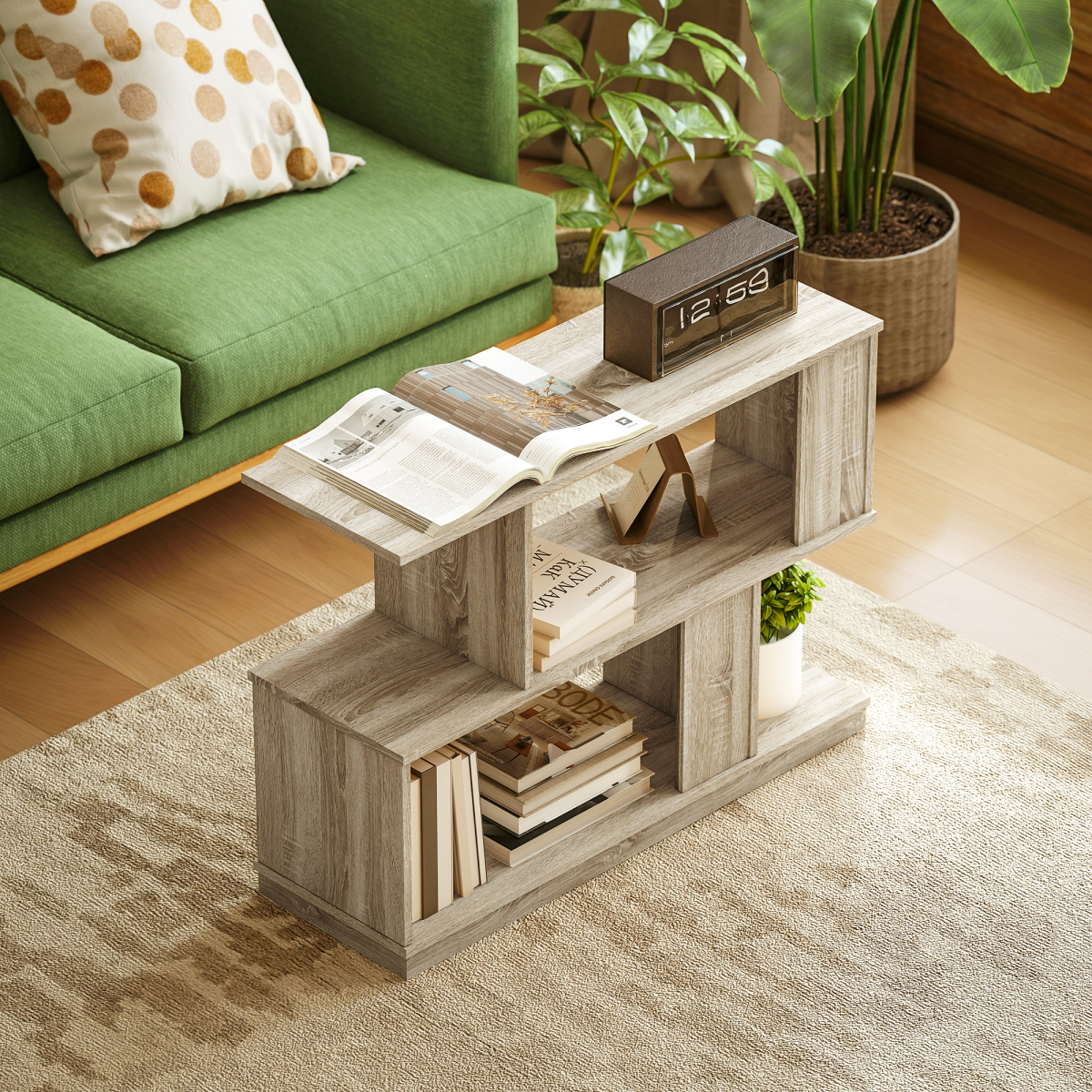 Rattan-Effect 3-Tier S-Shape Side & Coffee Table – Narrow Display Stand for Small Spaces