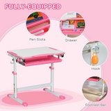 HOMCOM Kids Desk and Chair Set with Height-Adjustable Table, Drawer, Pen Slot & Hook – Study Desk, Pink