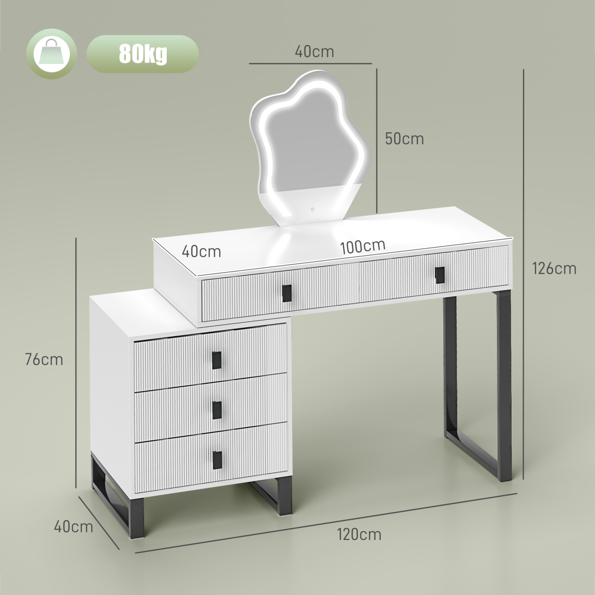 HOMCOM Dressing Table with LED Leaf Mirror, 5 Drawers & USB Power – White