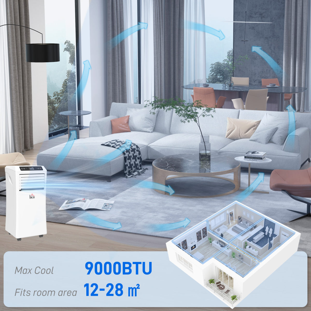 HOMCOM 1003W Portable Air Conditioner with Remote Control & Sleep Mode – Mobile Room Cooling, White