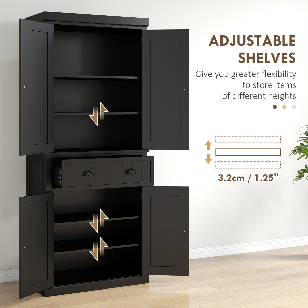 Freestanding Kitchen Storage Cabinet with Drawers, Cupboards & Adjustable Shelves – Open Appliance Space, Black