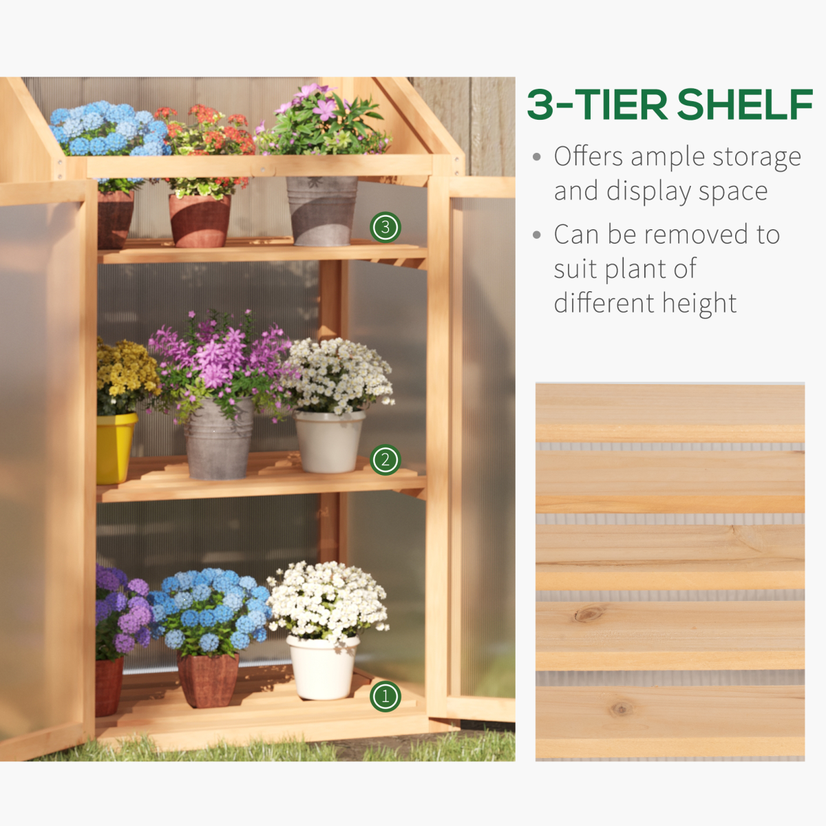 Outsunny Wooden Cold Frame Greenhouse with Polycarbonate Panels, Top Windows & 3 Shelves – 70x50x120cm, Brown