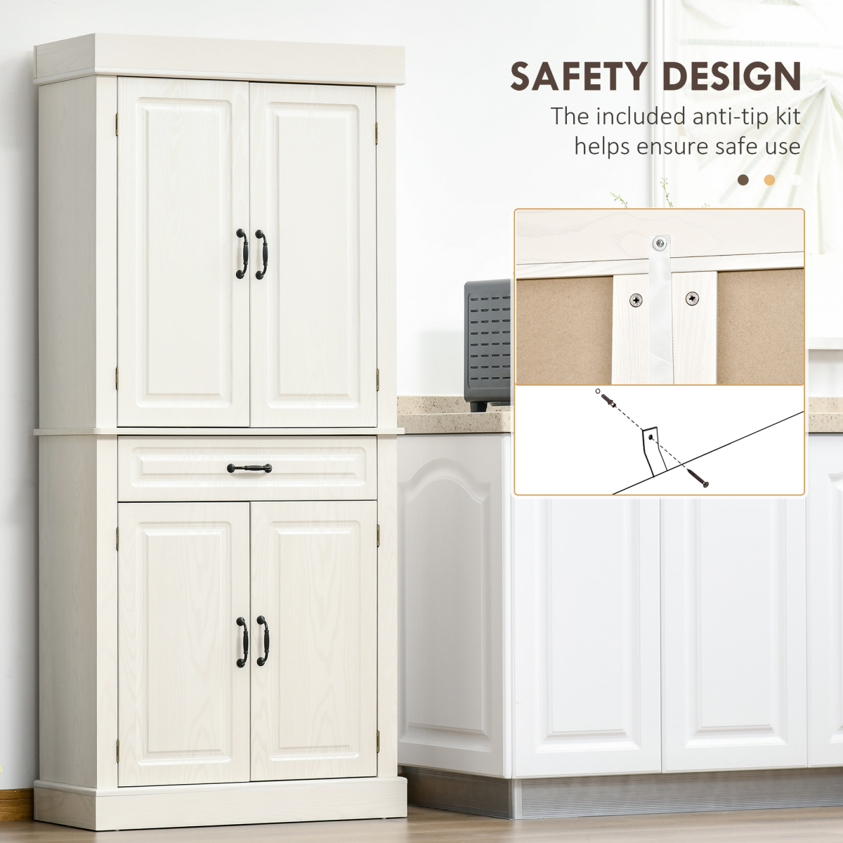 HOMCOM 180cm Kitchen Pantry Storage Cabinet with Central Drawer and Double-Door Cupboards – White