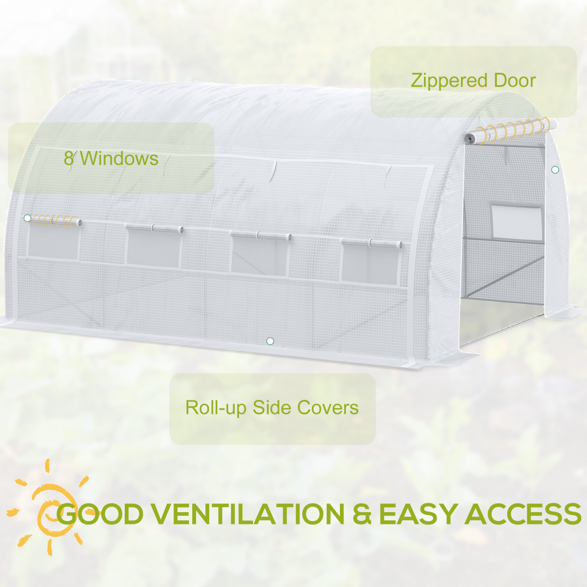 Outsunny 4 x 3 x 2m Walk-in Polytunnel Greenhouse with Steel Frame, Roll-Up Sides & 8 Windows, White