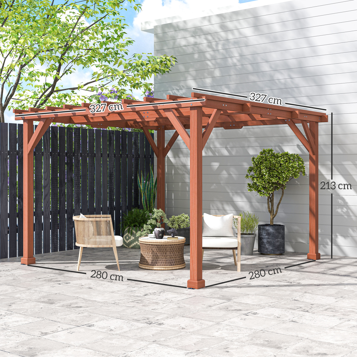 Outsunny 3.3x3.3m Wooden Pergola Kit with Fir Wood Columns & Crisscross Beams – Garden Gazebo, Brown