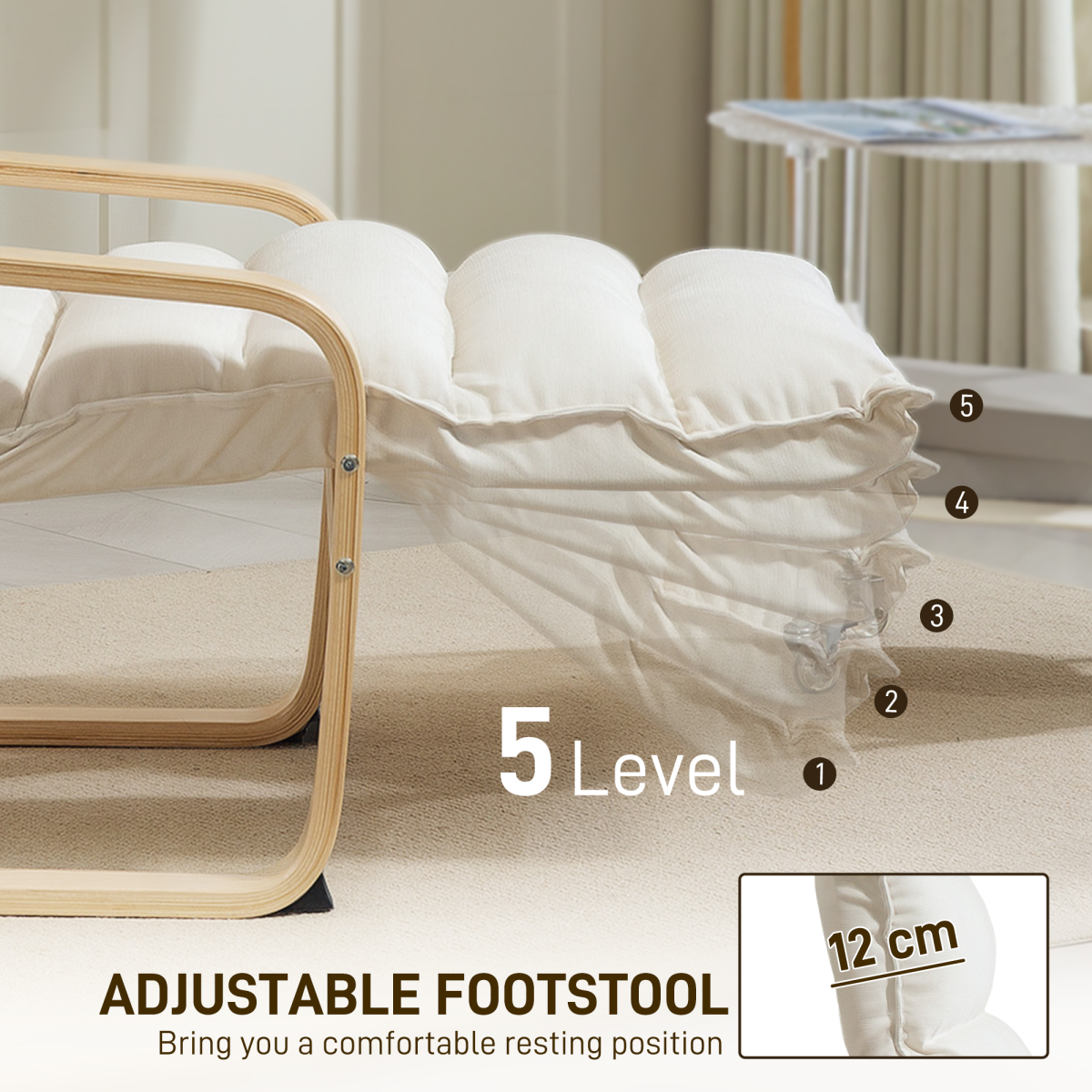 Rocking Lounge Chair with 5-Position Adjustable Footrest & Birch Wood Frame – Velvet-Feel Armchair, Cream White