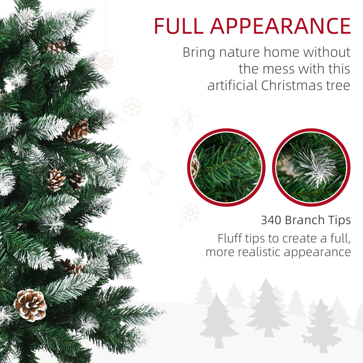 HOMCOM 5ft Snow Artificial Christmas Tree with Pine Cones, Bushy Unlit Tips & Steel Base – Holiday Home Decor