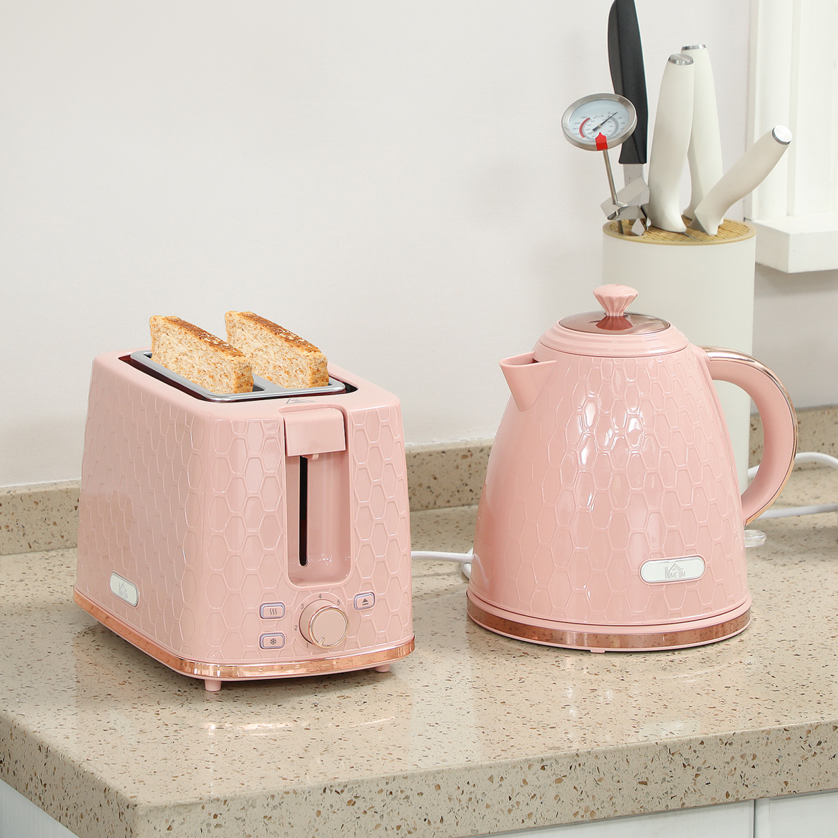 Kettle and 2-Slice Toaster Set with 1.7L Fast Boil Kettle & 7 Browning Levels – Honeycomb Design, Light Pink