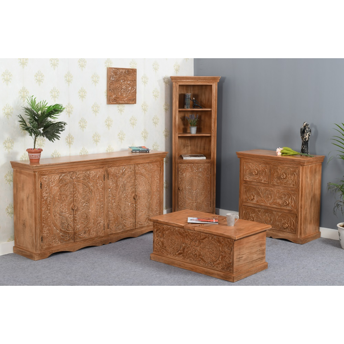 Artwork Carved Solid Mango Wood XL Sideboard – Handcrafted Statement Storage with Detailed Carving