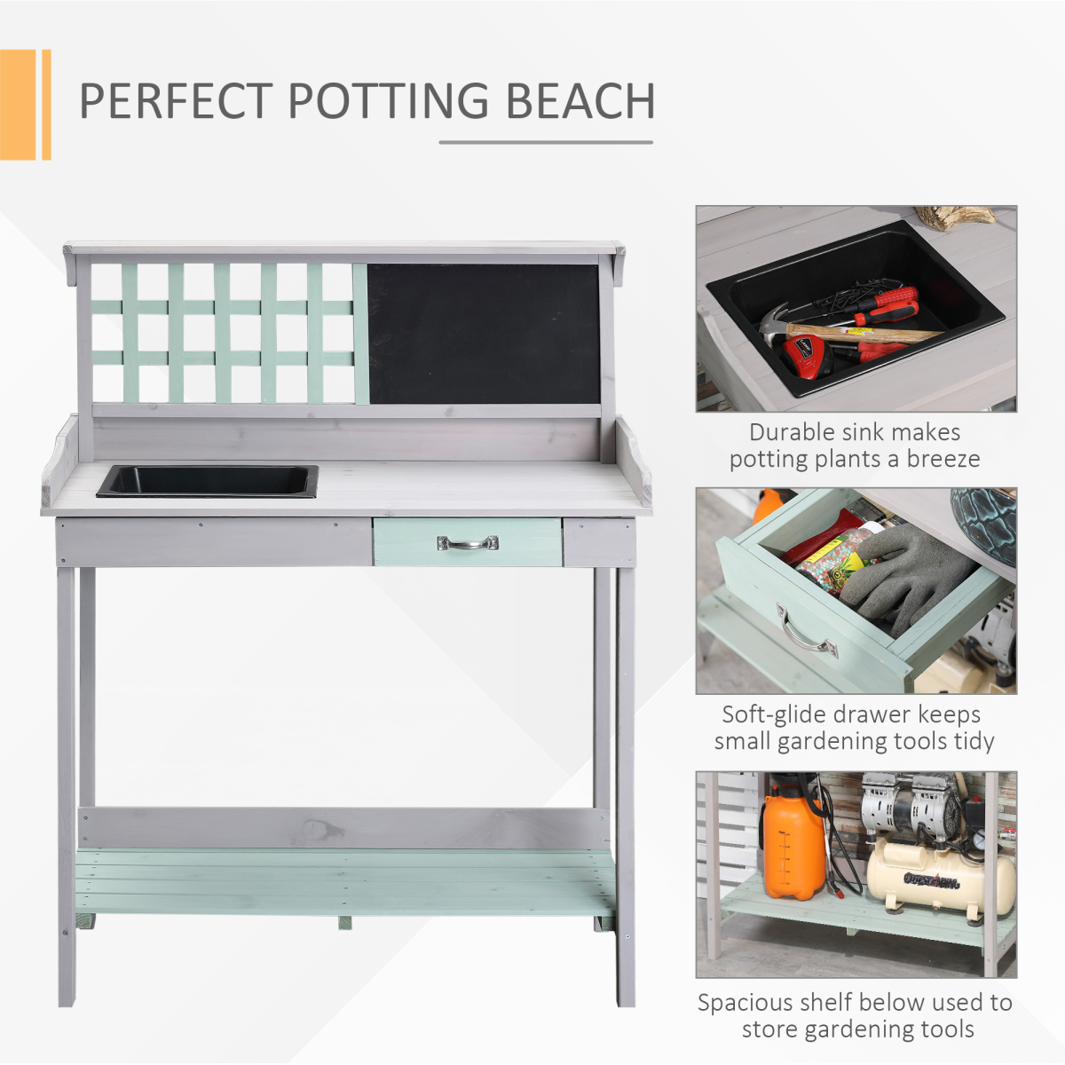 Outsunny Outdoor Wooden Potting Table with Sink, Blackboard & Drawer – Fir Wood Garden Workstation