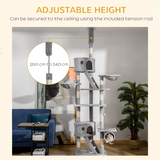 PawHut 240–260cm Floor-to-Ceiling Cat Tree with Scratching Posts, Houses & Hammocks – Cat Tower, Light Grey