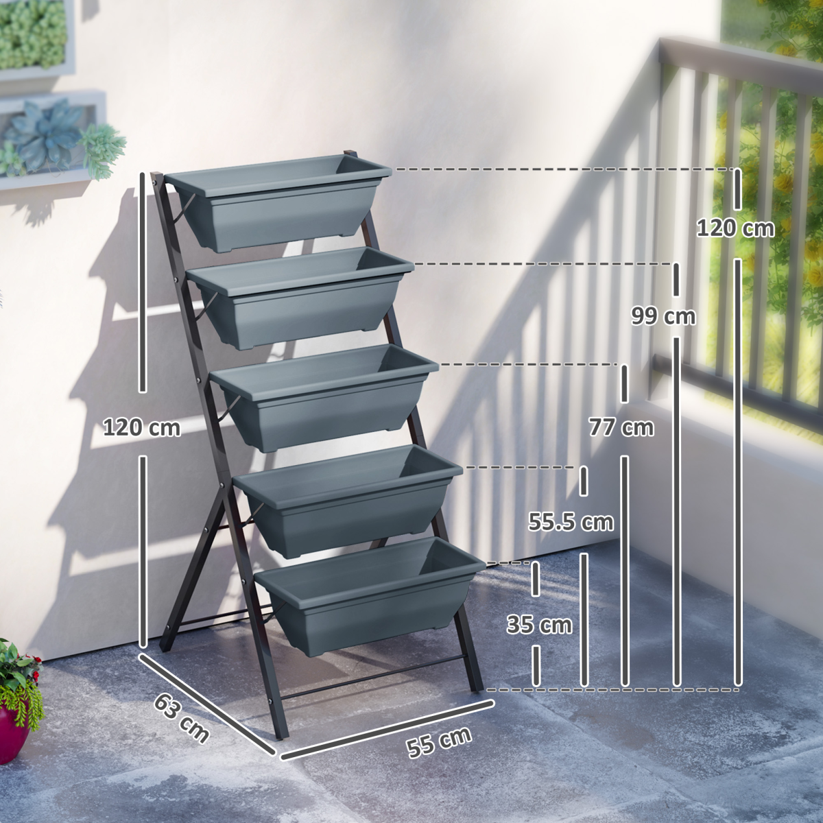 Outsunny 5-Tier Ladder Planter with 5 Removable Boxes – Raised Garden Bed for Balcony & Patio, Grey