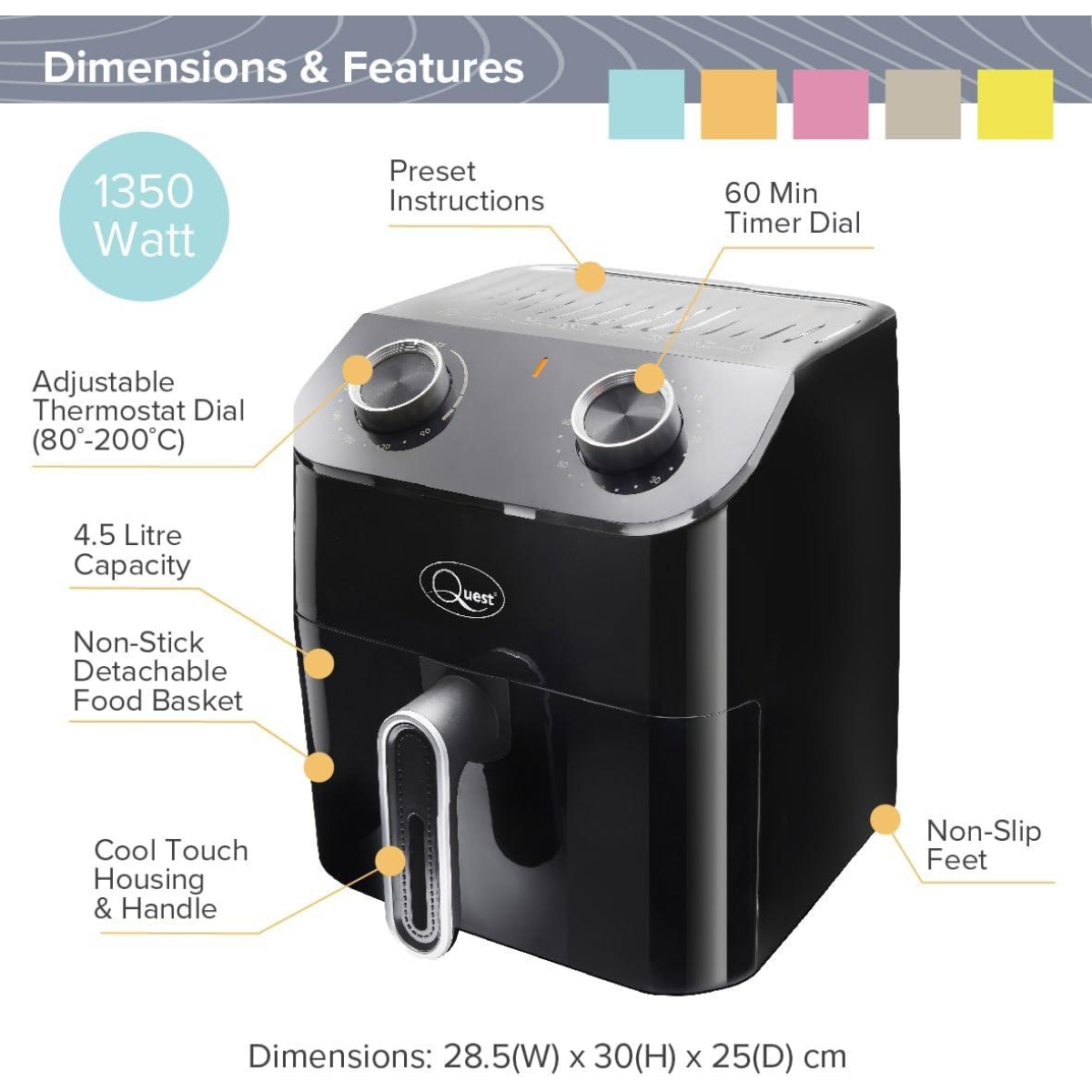 Quest 4.5L Manual Dial Air Fryer, 1350W with Auto Shut-Off & Cool Touch Handle – Low-Oil Cooking