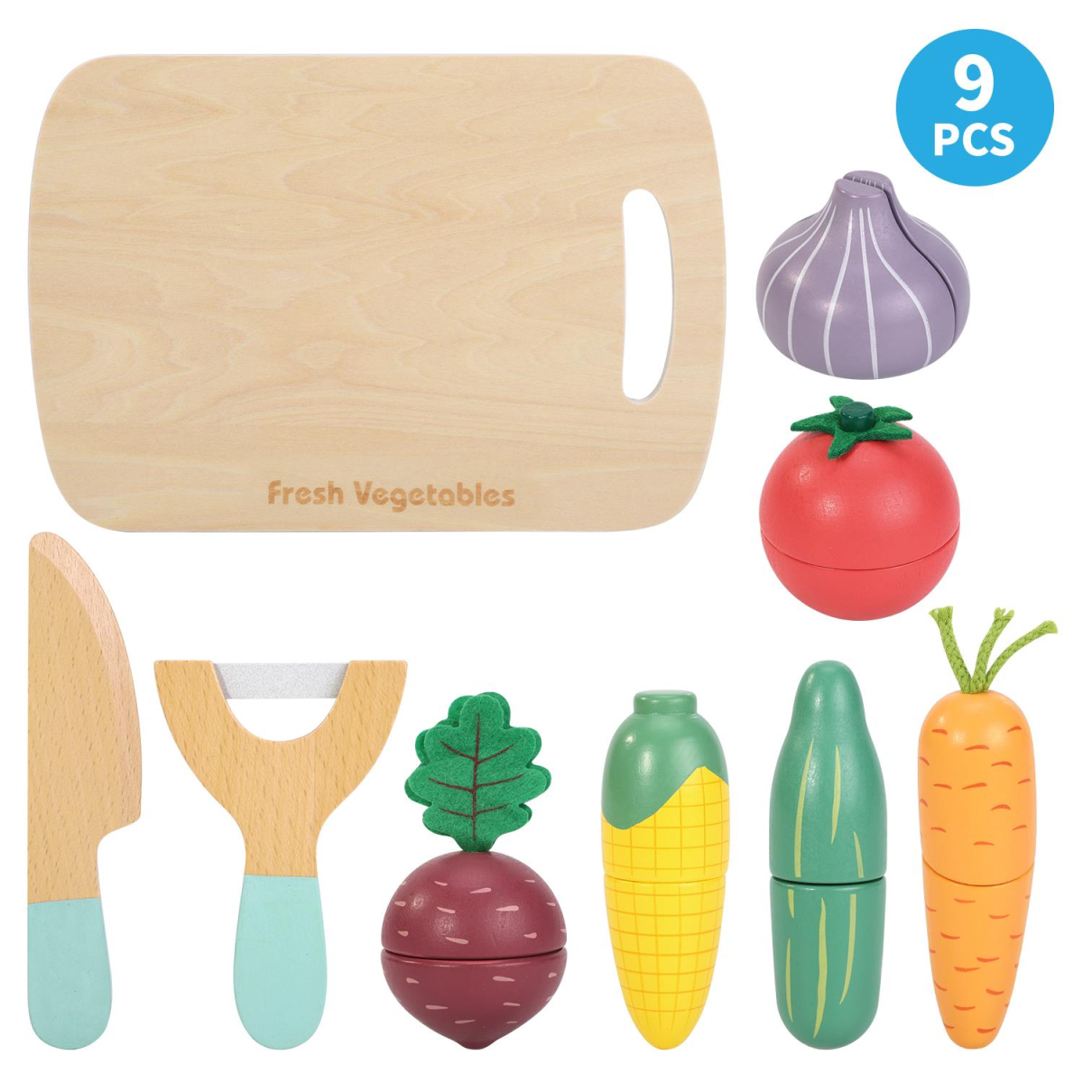 SOKA Wooden Cutting Vegetables Play Set, 9 Pieces – Pretend Play Kitchen Toy for Kids